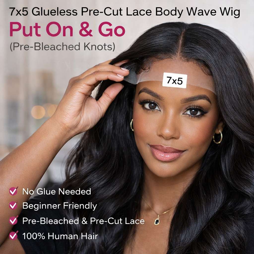 16" 7x5 Glueless Pre-Cut Lace Body Wave Wig – Put On &amp; Go (Pre-Bleached Knots) - Club Hairitage