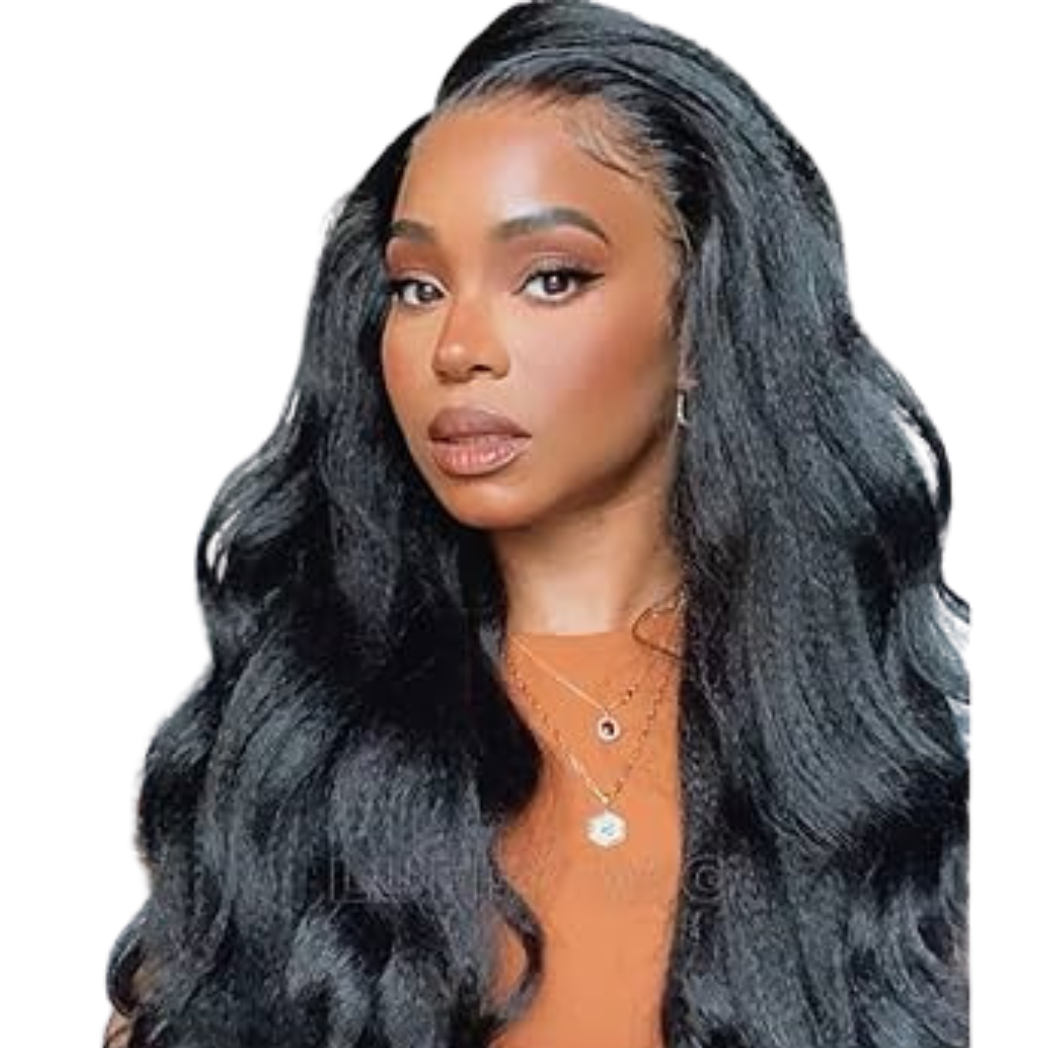 24" V Part Glueless Yaki Straight Natural Black Wig With Invisi Drawstring 100% Human Hair - Club Hairitage
