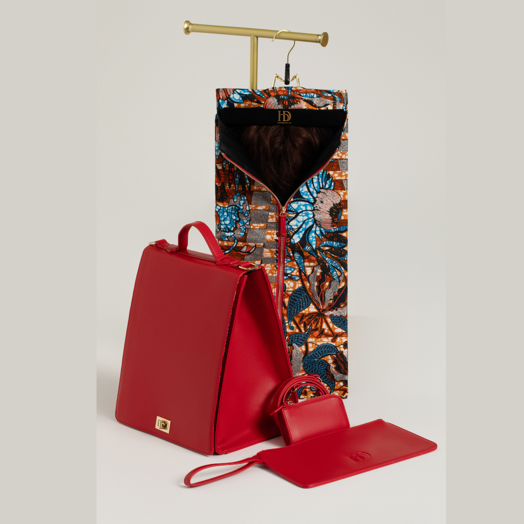 HeriGo™ luxury hair travel system Royal Garnet colorway – vegan leather wig bag with Ankara lining and gold hardware – Hairdentity