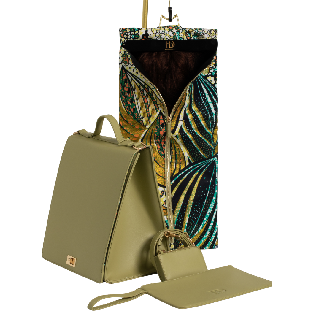 HeriGo™ Satin-Lined Wig & Extension Pouch + Hanger – Heritage Olive - Club Hairitage