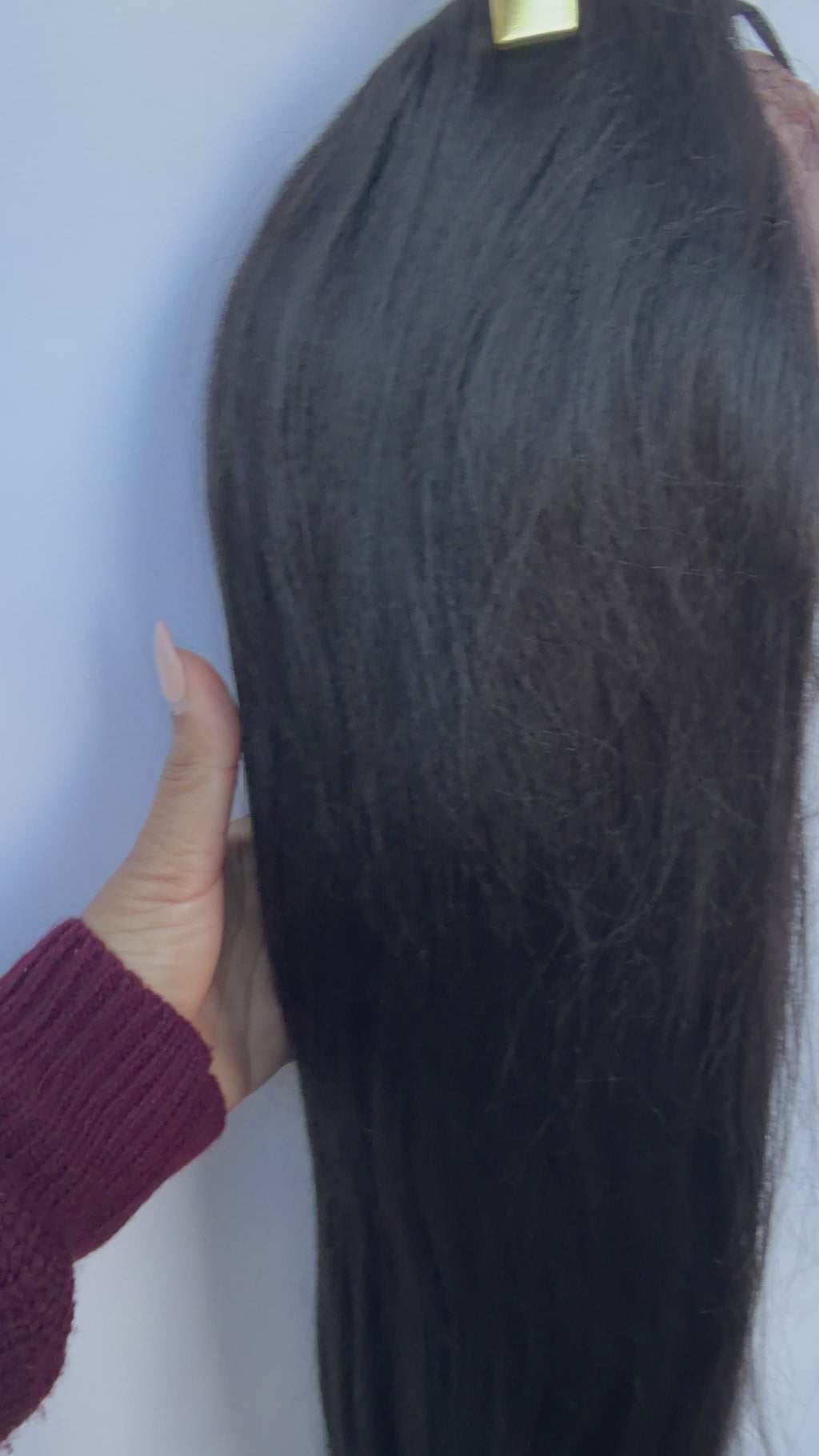 24" V Part Glueless Yaki Straight Natural Black Wig With Invisi Drawstring 100% Human Hair